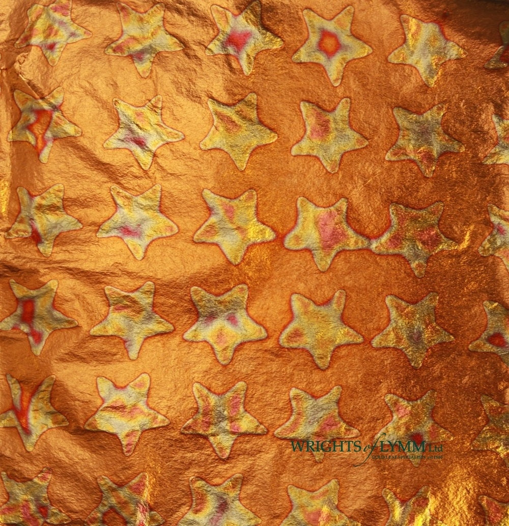 Red Stars Variegated Copper Transfer Leaf in a booklet containing 25 leaves (140mm). For use in gilding, monumental works, restoration and and art.