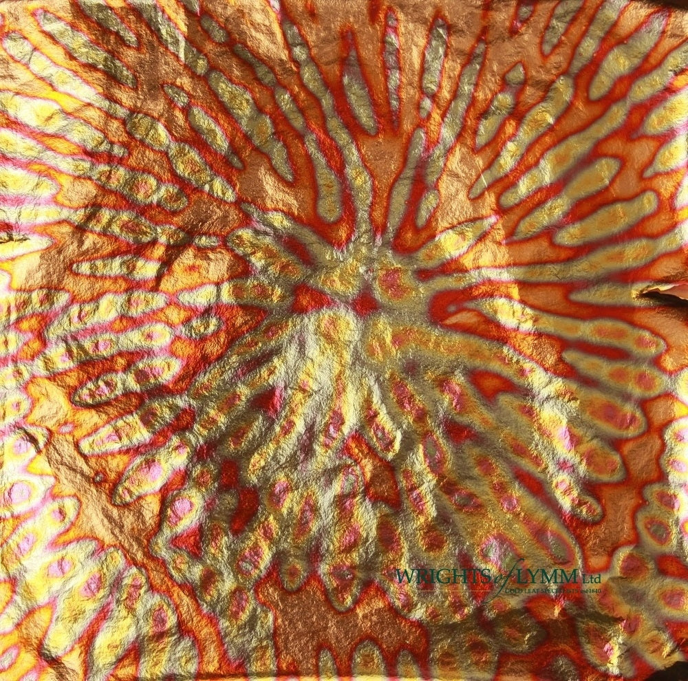 Red Chrysanthemum Variegated Copper Transfer Leaf in a booklet containing 25 leaves (140mm). For use in gilding, monumental works, restoration and and art.