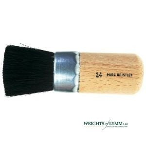A black bristle stencil brush has short, stiff bristles for controlled paint application, ideal for stenciling on various surfaces with minimal bleed