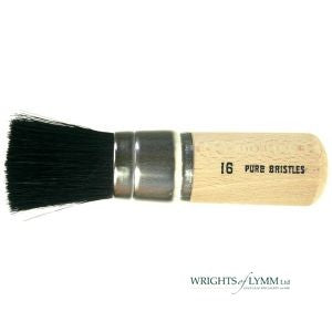A black bristle stencil brush has short, stiff bristles for controlled paint application, ideal for stenciling on various surfaces with minimal bleed