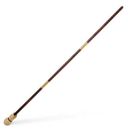 A three-piece wooden mahl stick with a ball and leather handle.