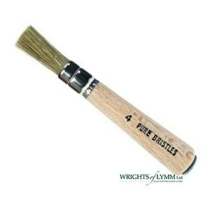 A white bristle stencil brush has short, stiff bristles for controlled paint application, ideal for stencilling and dry brushing techniques.