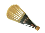 A hog hair fan overgrainer brush with stiff bristles and a wooden handle.