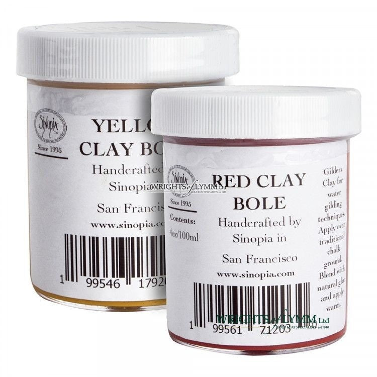 Two containers of Sinopia Clay Bole in red and yellow colors, labeled as 'Yellow Clay Bole' and 'Red Clay Bole', handcrafted by Sinopia in San Francisco.