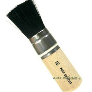 A black bristle stencil brush has short, stiff bristles for controlled paint application, ideal for stenciling on various surfaces with minimal bleed