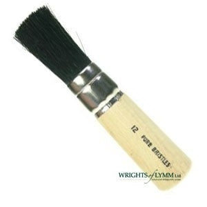 A black bristle stencil brush has short, stiff bristles for controlled paint application, ideal for stenciling on various surfaces with minimal bleed