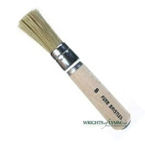 A white bristle stencil brush has short, stiff bristles for controlled paint application, ideal for stencilling and dry brushing techniques.