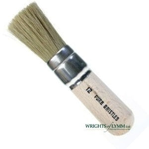 A white bristle stencil brush has short, stiff bristles for controlled paint application, ideal for stenciling and dry brushing techniques.