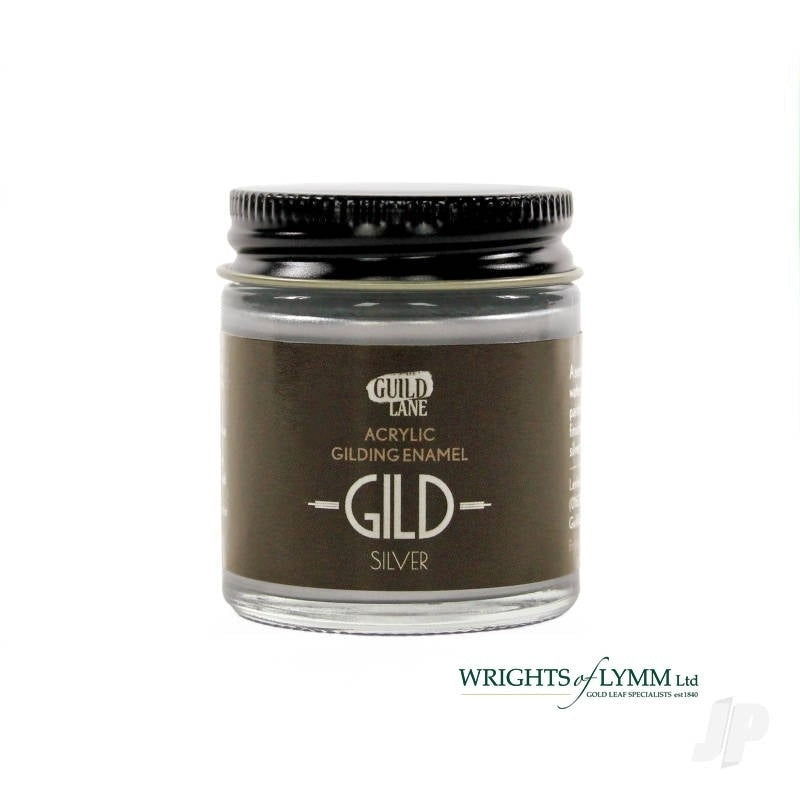 A 30ml jar of Gild Acrylic Gilding Enamel Paint in silver color, labeled 'GILD Silver', on a white background.