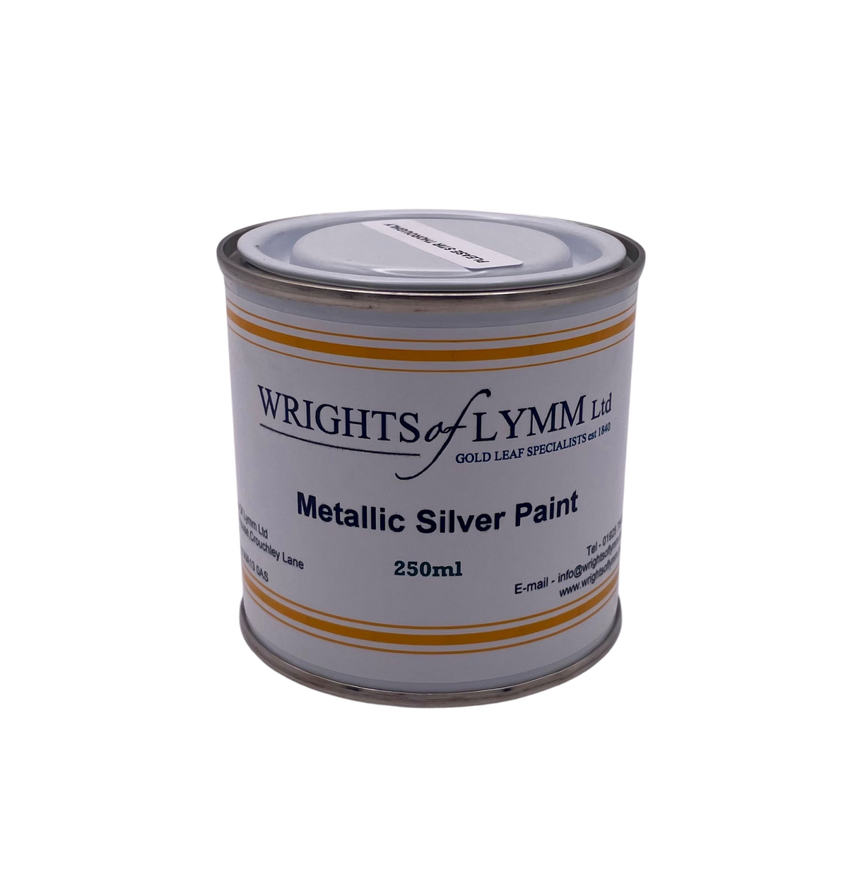 Can of Wrights of Lymm metallic silver paint on a white background
