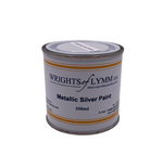 Can of Wrights of Lymm metallic silver paint on a white background