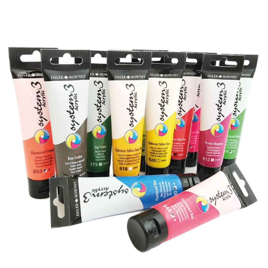 Set of Daler Rowney System 3 acrylic paint tubes on a white background