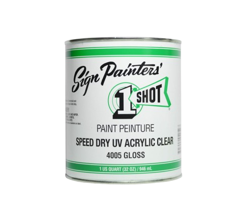 Can of Sign Painter's 1 Shot Speed Dry UV Acrylic Clear paint on a white background