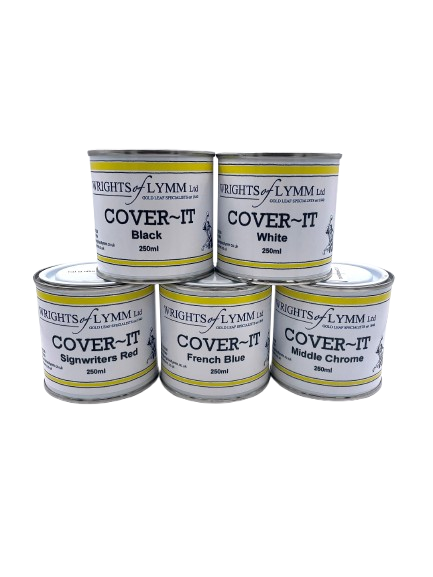 Five cans of Wrights of Lymm Cover-It paint in different colors on a white background