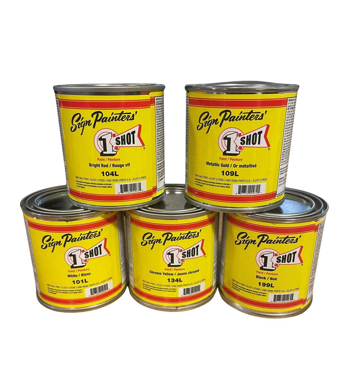 Five cans of Sign Painters' 1 Shot paint on a white background