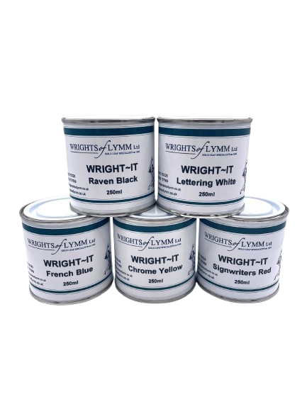 Five cans of Wright-It paint with different colors on a white background